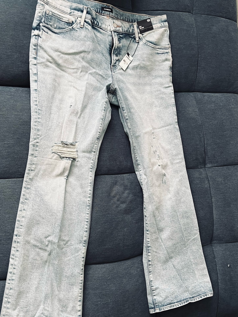 Express Low Rise Boot Cut Jeans - Light Blue Distressed